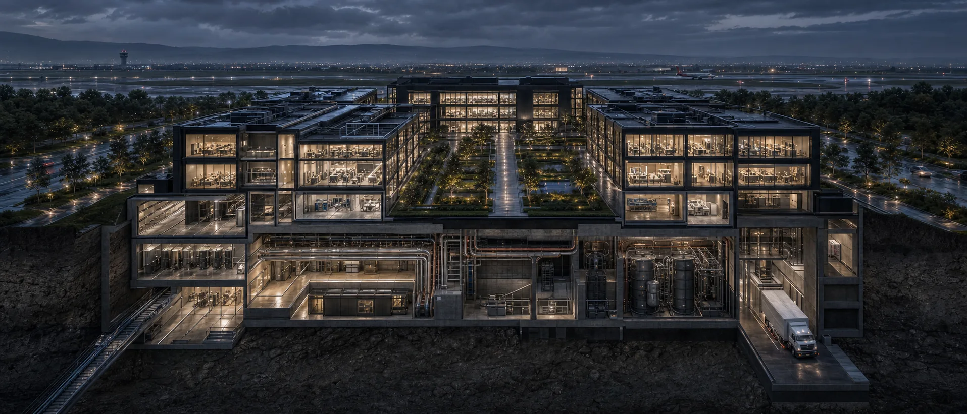 Illustrative sectional view connecting proposed laboratories, utilities, data systems, logistics and public learning spaces
