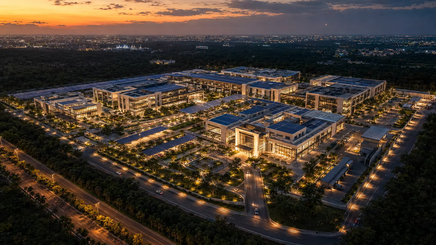 AI-generated dusk aerial design study for a possible Hyderabad city-region science campus; no site selected