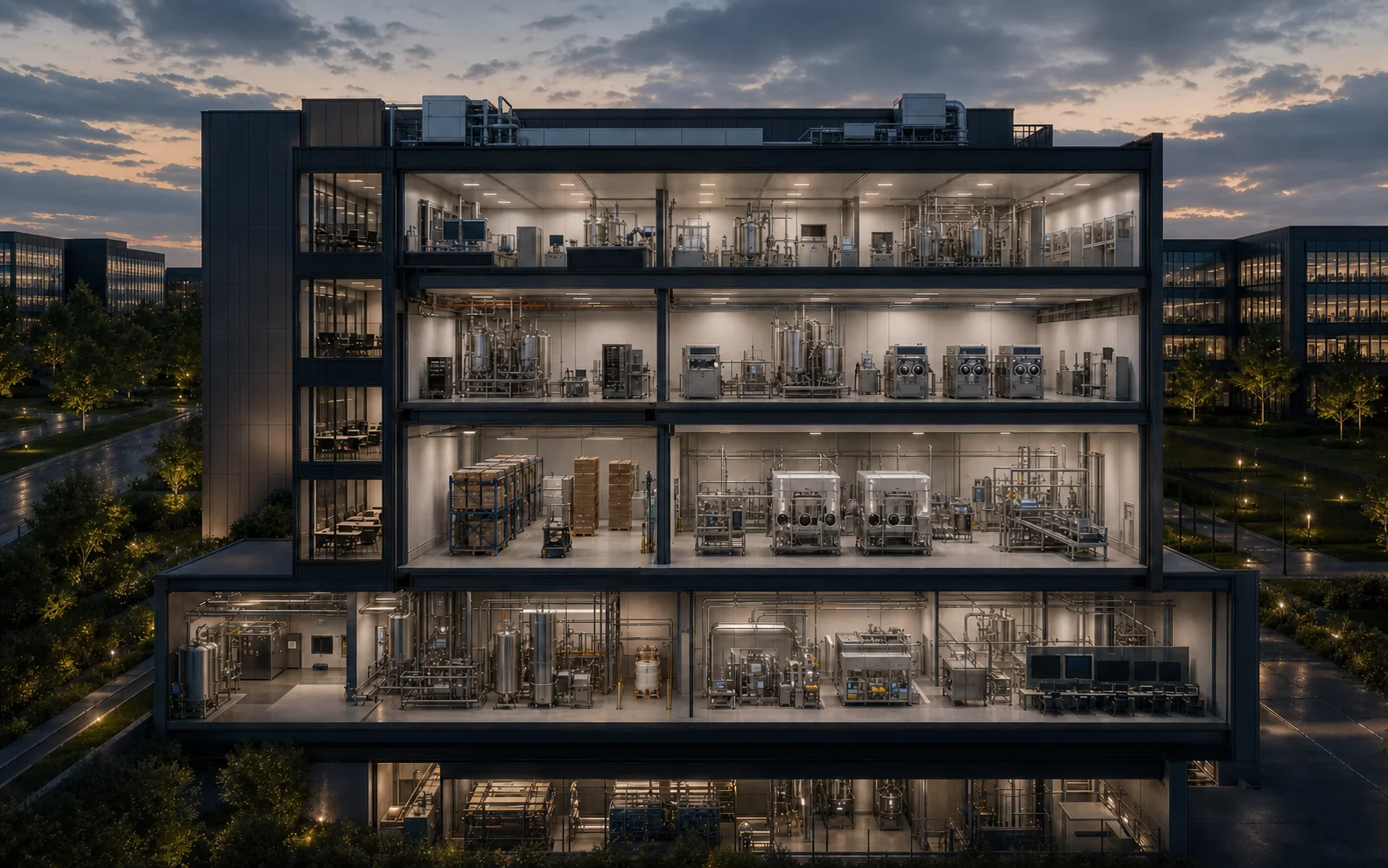 Clean illustrative cutaway of a possible advanced manufacturing environment without generated labels
