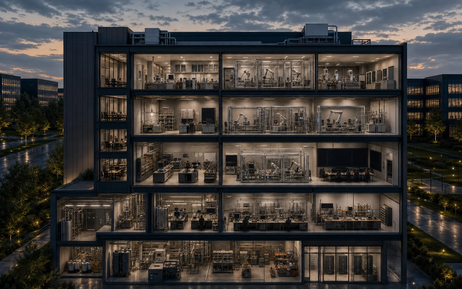 Clean illustrative cutaway of AI and robotics zones without generated labels