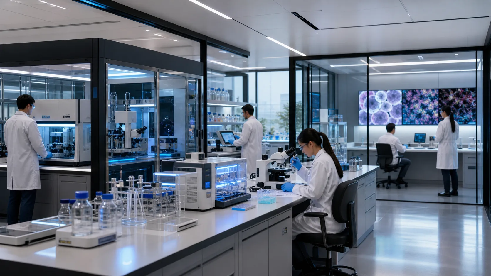 Illustrative future biological engineering laboratory with blank digital displays