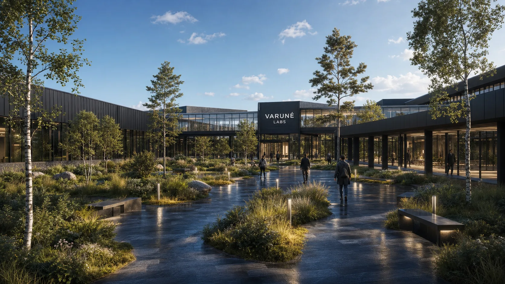 Illustrative sunny courtyard within a black connected Scotland campus concept, with deliberate VARUNÉ LABS environmental signage