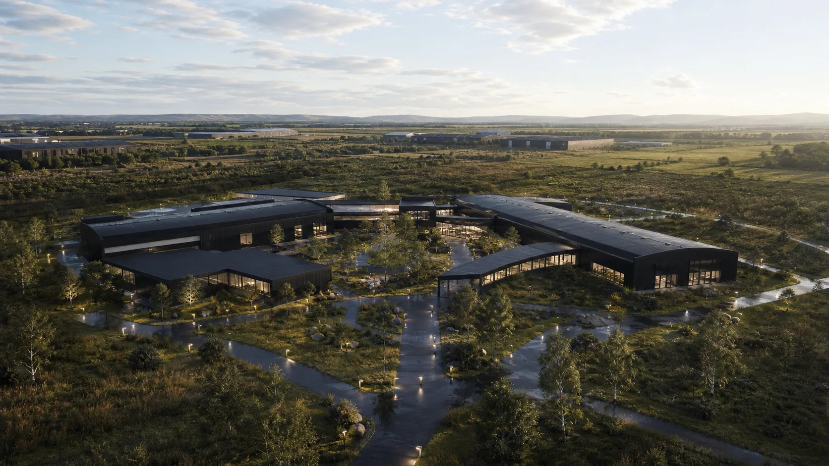 AI-generated daylight aerial of a black connected campus scenario in the wider AMIDS area; no site selected